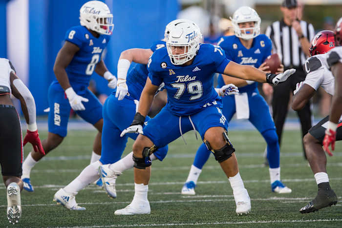 Oct 1, 2022; Tulsa, Oklahoma, USA; Tulsa Golden Hurricane offensive lineman Jaden Muskrat (79) blocks during the first quarter against the Cincinnati Bearcats at Skelly Field at H.A. Chapman Stadium. Cincinnati won 31-21. Mandatory Credit: Brett Rojo-USA TODAY Sports